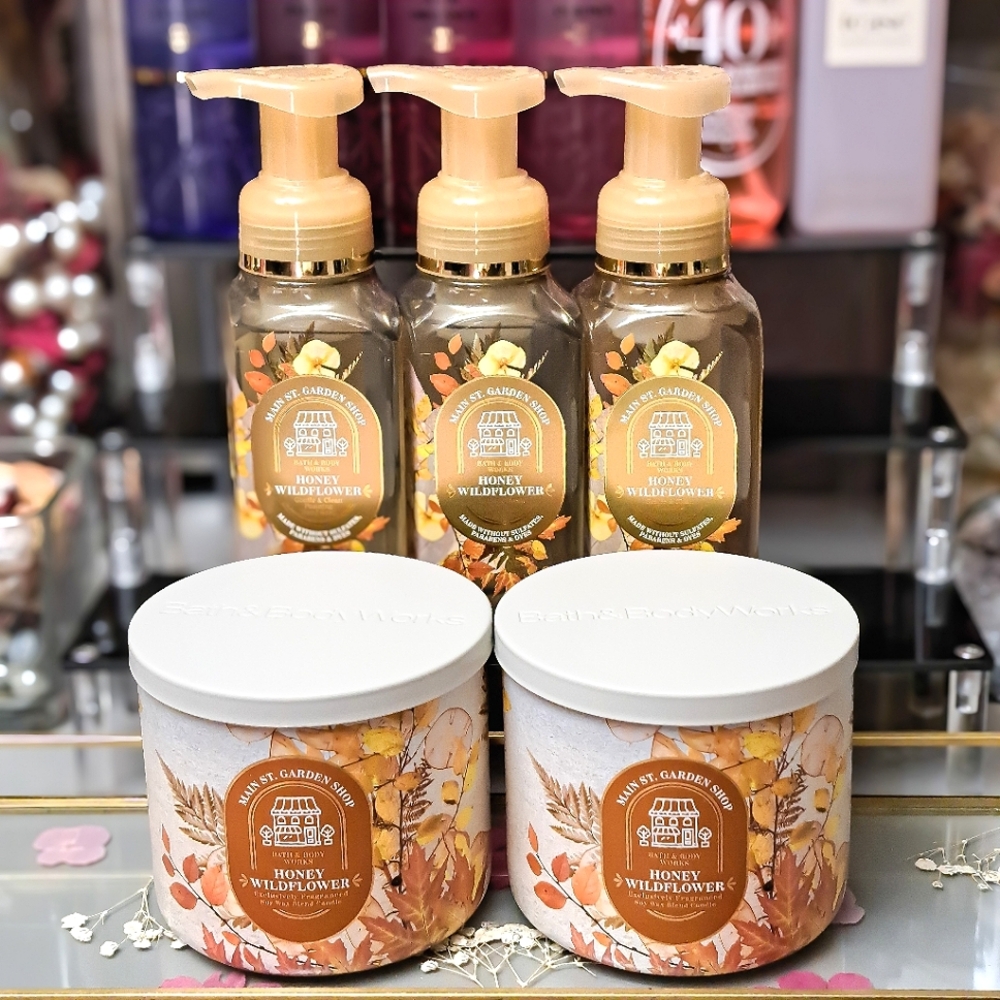 Bath & Body Works Honey Wildflower 3 Wick Candles & Handsoap